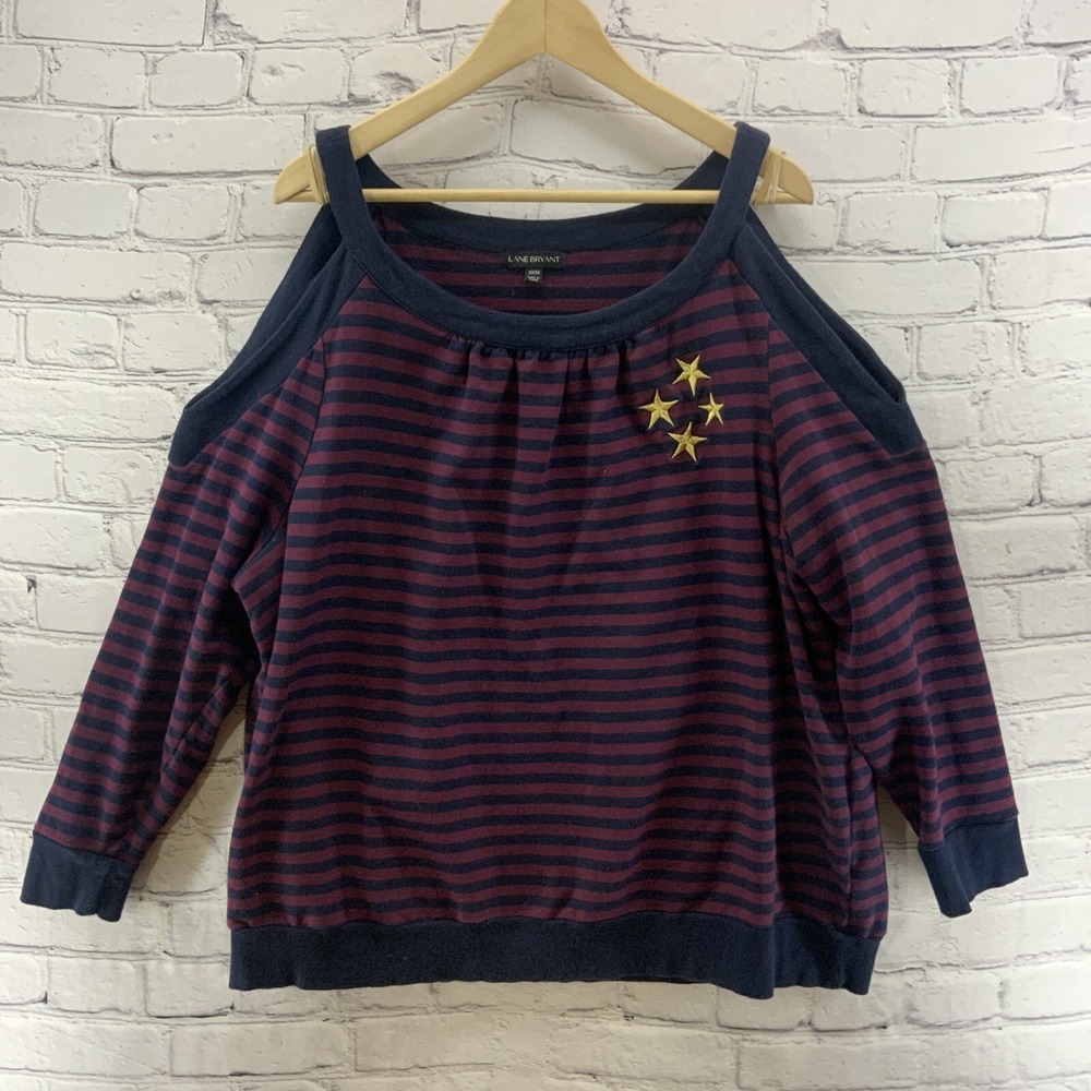 Lane Bryant Sweater Womens Sz 22/24 Blue‎ Red Stripes Cold Shoulder